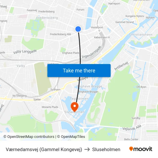 Værnedamsvej (Gammel Kongevej) to Sluseholmen map