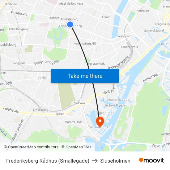 Frederiksberg Rådhus (Smallegade) to Sluseholmen map