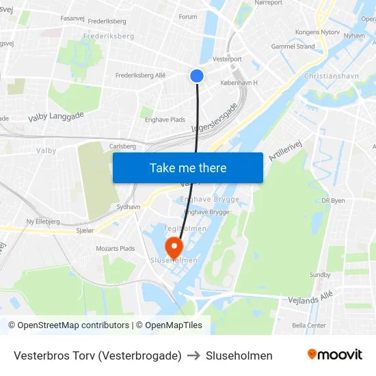 Vesterbros Torv (Vesterbrogade) to Sluseholmen map