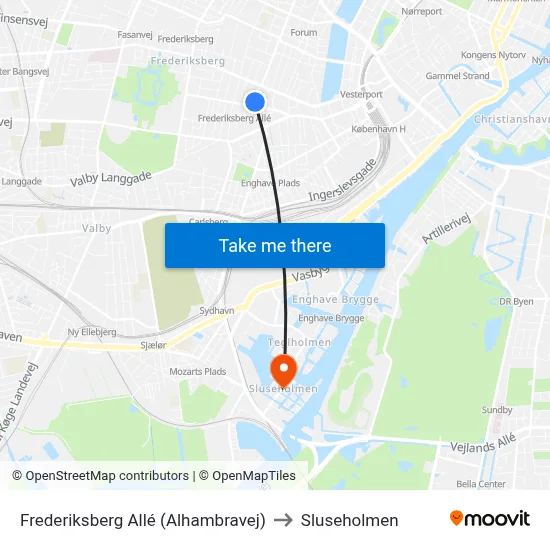 Frederiksberg Allé (Alhambravej) to Sluseholmen map