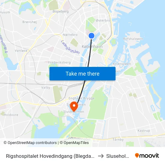 Rigshospitalet Hovedindgang (Blegdamsvej) to Sluseholmen map