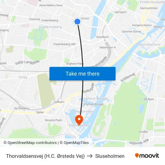 Thorvaldsensvej (H.C. Ørsteds Vej) to Sluseholmen map