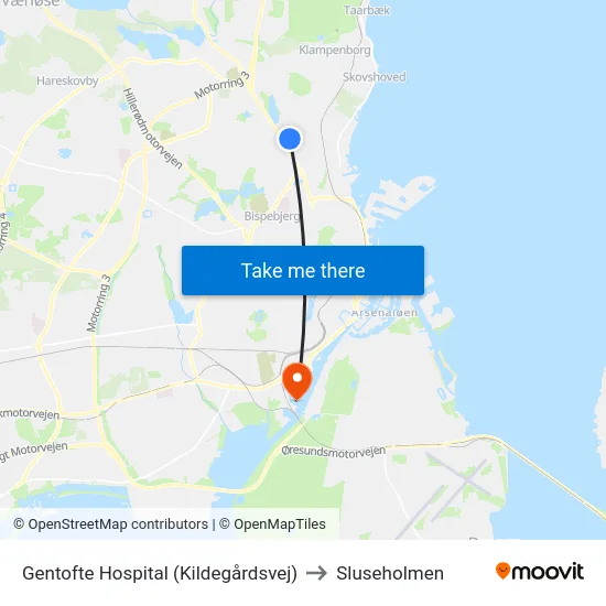 Gentofte Hospital (Kildegårdsvej) to Sluseholmen map