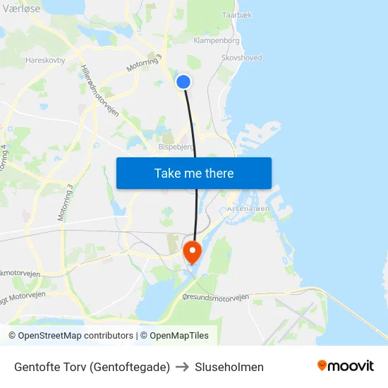 Gentofte Torv (Gentoftegade) to Sluseholmen map