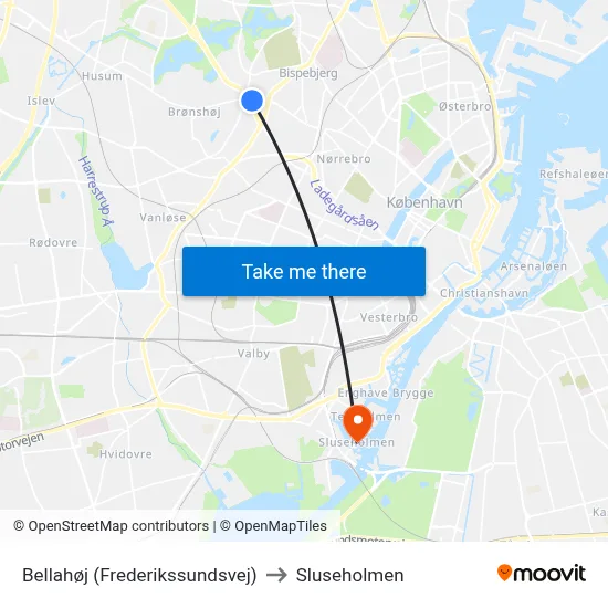 Bellahøj (Frederikssundsvej) to Sluseholmen map