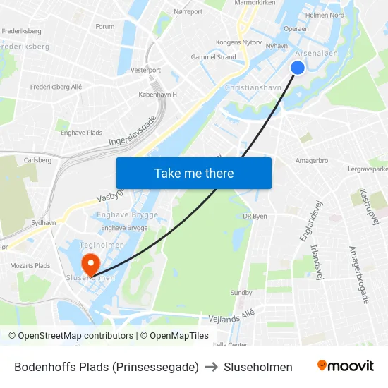 Bodenhoffs Plads (Prinsessegade) to Sluseholmen map