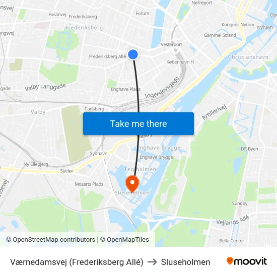 Værnedamsvej (Frederiksberg Allé) to Sluseholmen map