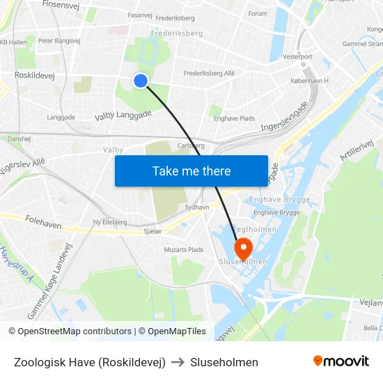 Zoologisk Have (Roskildevej) to Sluseholmen map