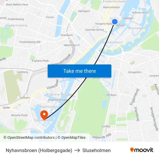 Nyhavnsbroen (Holbergsgade) to Sluseholmen map
