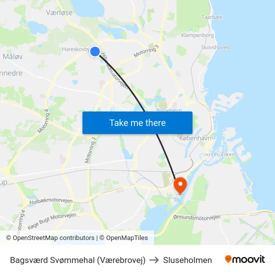 Bagsværd Svømmehal (Værebrovej) to Sluseholmen map