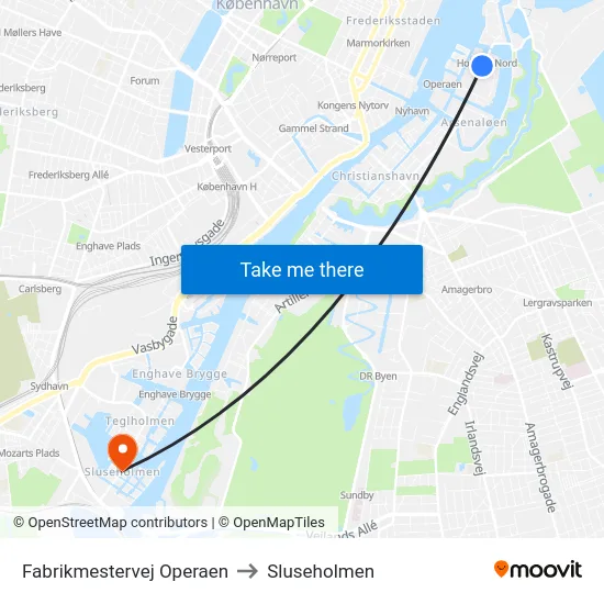 Fabrikmestervej Operaen to Sluseholmen map