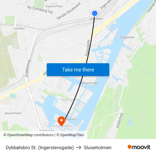 Dybbølsbro St. (Ingerslevsgade) to Sluseholmen map