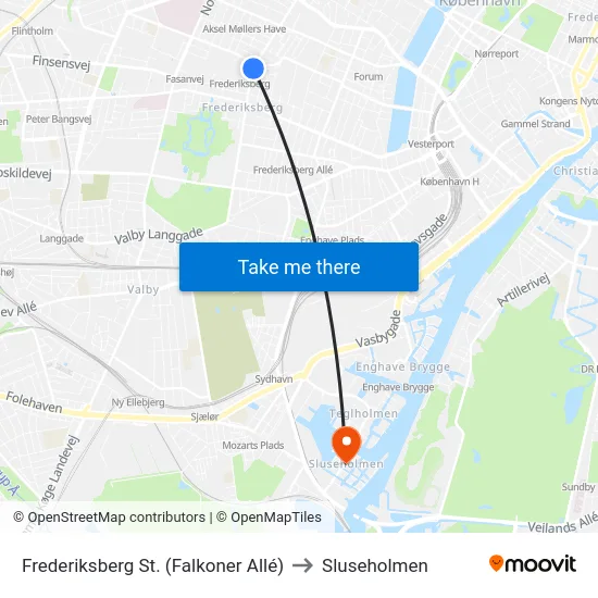 Frederiksberg St. (Falkoner Allé) to Sluseholmen map