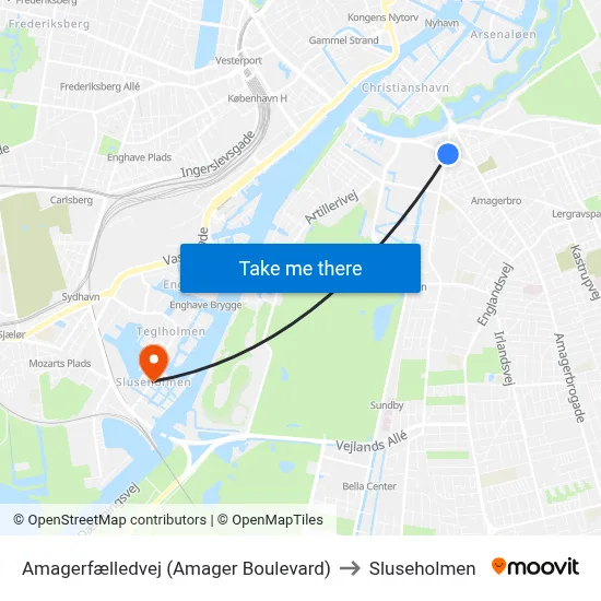 Amagerfælledvej (Amager Boulevard) to Sluseholmen map