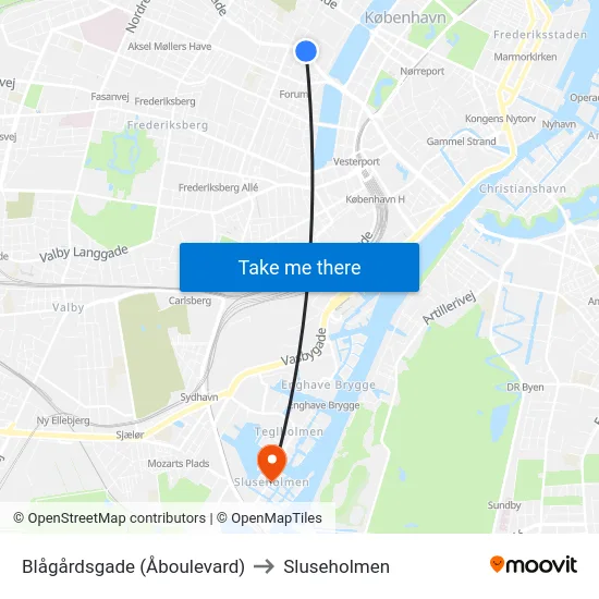 Blågårdsgade (Åboulevard) to Sluseholmen map