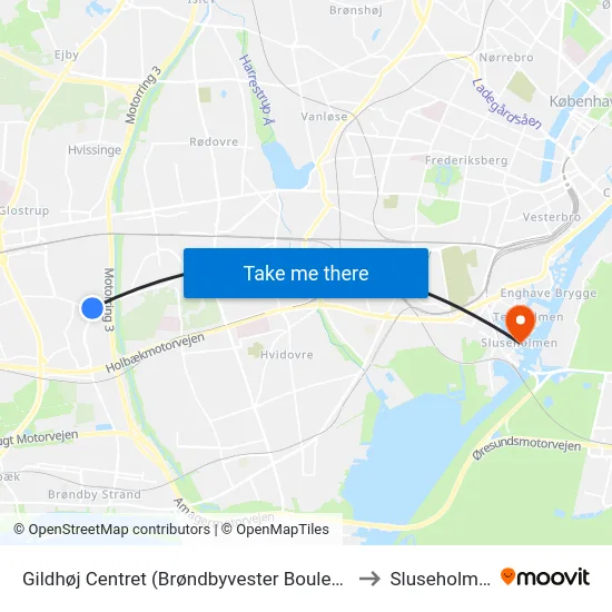 Gildhøj Centret (Brøndbyvester Boulevard) to Sluseholmen map