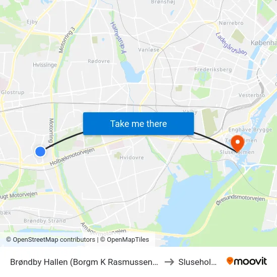 Brøndby Hallen (Borgm K Rasmussens Blvd) to Sluseholmen map