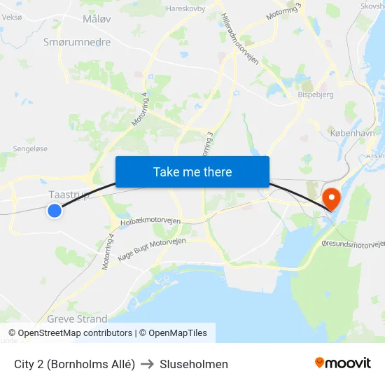 City 2 (Bornholms Allé) to Sluseholmen map