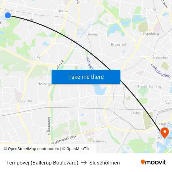 Tempovej (Ballerup Boulevard) to Sluseholmen map