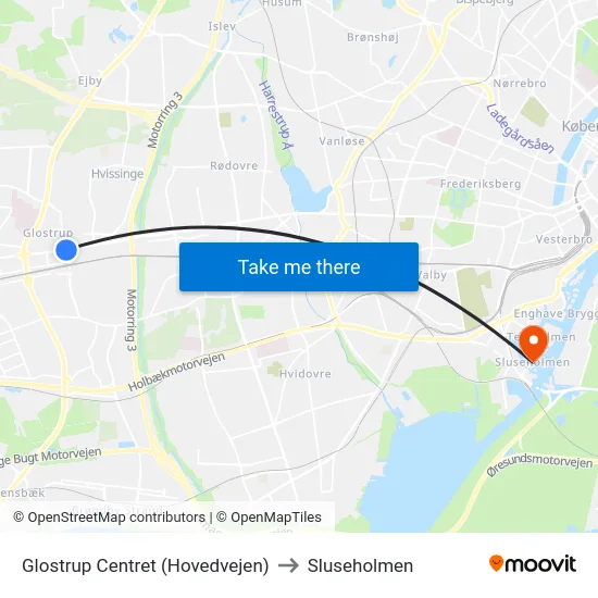 Glostrup Centret (Hovedvejen) to Sluseholmen map