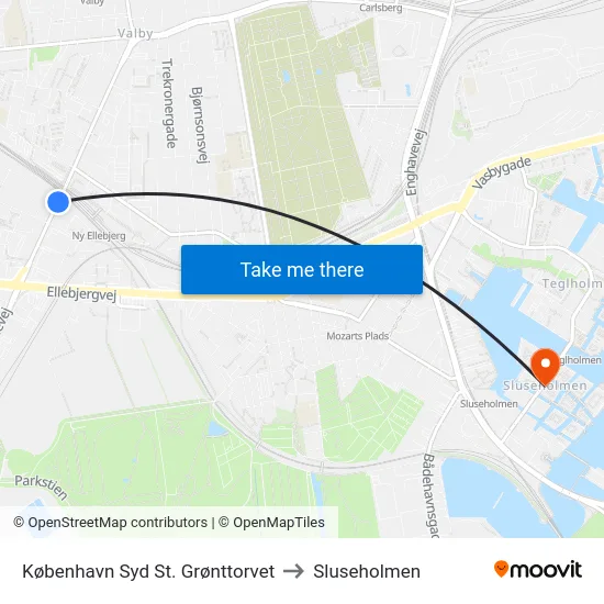 København Syd St. Grønttorvet to Sluseholmen map