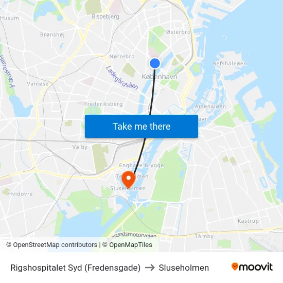 Rigshospitalet Syd (Fredensgade) to Sluseholmen map