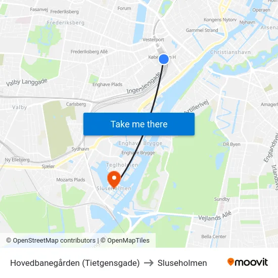 Hovedbanegården (Tietgensgade) to Sluseholmen map