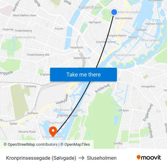 Kronprinsessegade (Sølvgade) to Sluseholmen map