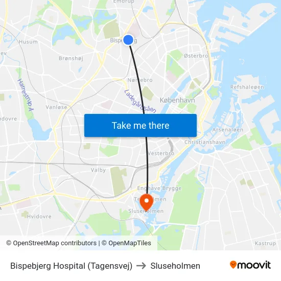 Bispebjerg Hospital (Tagensvej) to Sluseholmen map