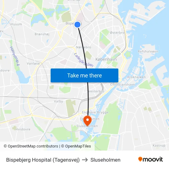 Bispebjerg Hospital (Tagensvej) to Sluseholmen map