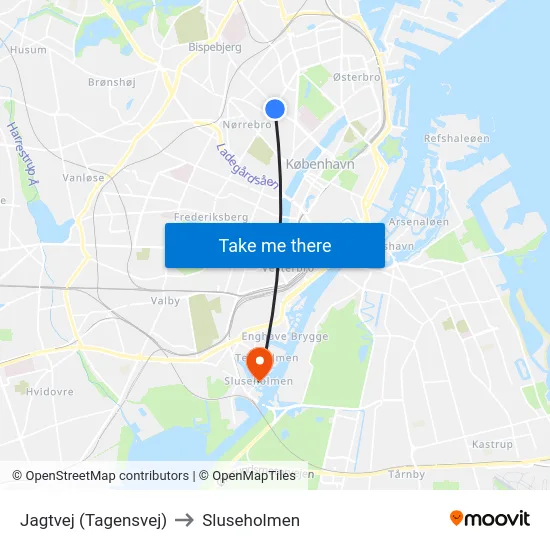 Jagtvej (Tagensvej) to Sluseholmen map