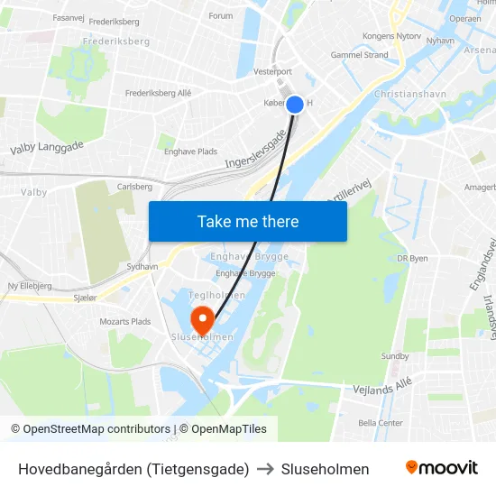 Hovedbanegården (Tietgensgade) to Sluseholmen map