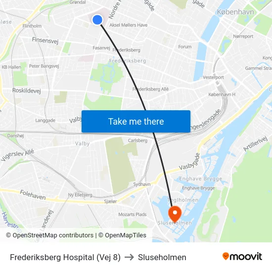 Frederiksberg Hospital (Vej 8) to Sluseholmen map