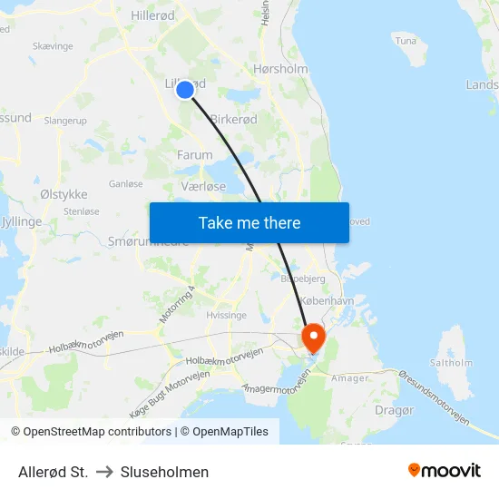 Allerød St. to Sluseholmen map