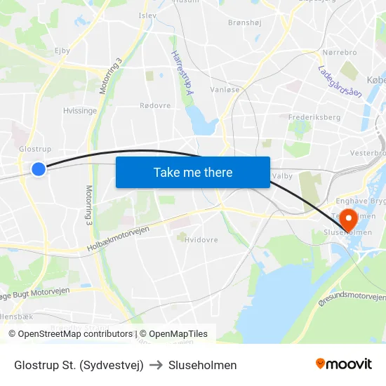 Glostrup St. (Sydvestvej) to Sluseholmen map