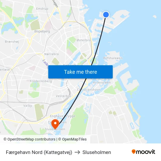 Færgehavn Nord (Kattegatvej) to Sluseholmen map