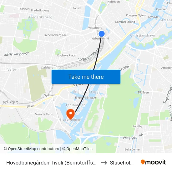 Hovedbanegården Tivoli (Bernstorffsgade) to Sluseholmen map