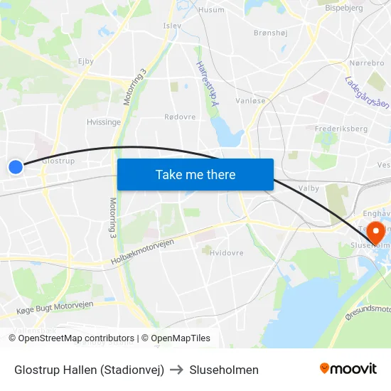 Glostrup Hallen (Stadionvej) to Sluseholmen map