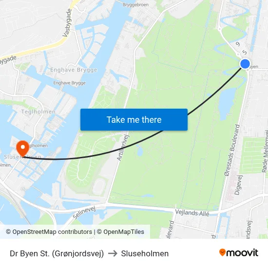 Dr Byen St. (Grønjordsvej) to Sluseholmen map
