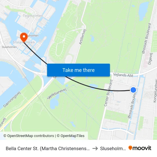 Bella Center St. (Martha Christensens Vej) to Sluseholmen map