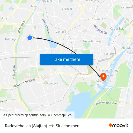 Rødovrehallen (Sløjfen) to Sluseholmen map