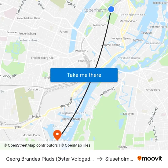Georg Brandes Plads (Øster Voldgade) to Sluseholmen map