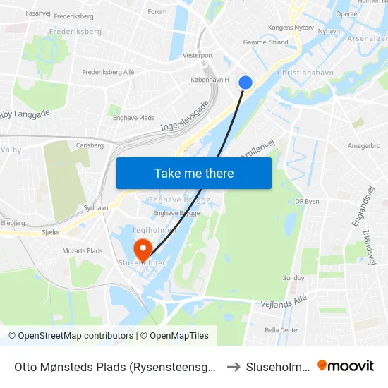 Otto Mønsteds Plads (Rysensteensgade) to Sluseholmen map