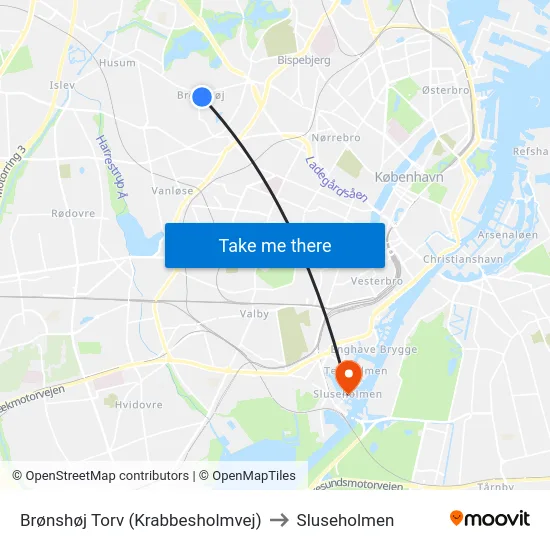 Brønshøj Torv (Krabbesholmvej) to Sluseholmen map