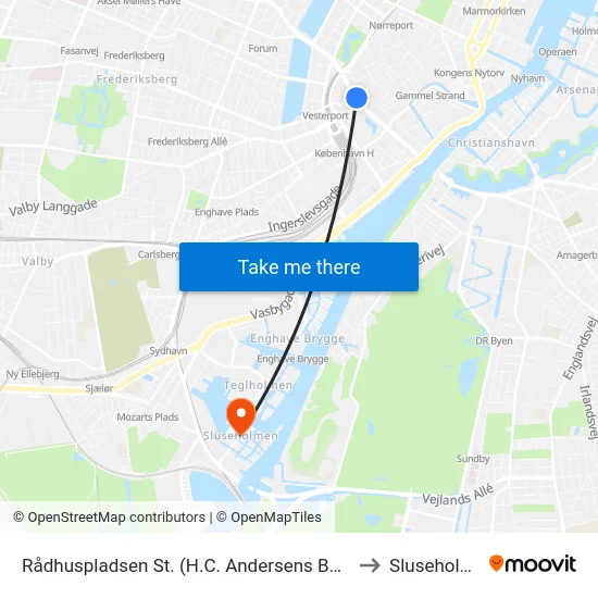 Rådhuspladsen St. (H.C. Andersens Boulevard) to Sluseholmen map