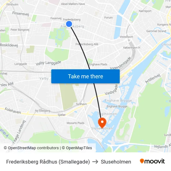 Frederiksberg Rådhus (Smallegade) to Sluseholmen map