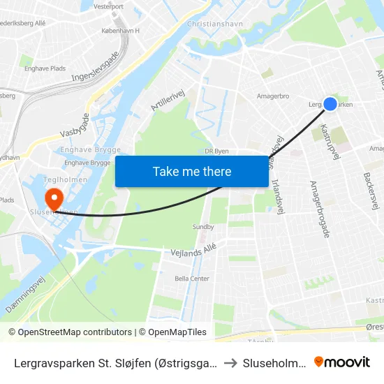 Lergravsparken St. Sløjfen (Østrigsgade) to Sluseholmen map