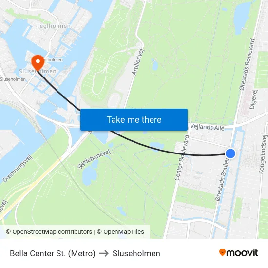 Bella Center St. (Metro) to Sluseholmen map