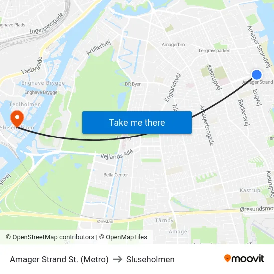 Amager Strand St. (Metro) to Sluseholmen map