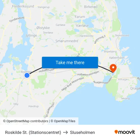Roskilde St. (Stationscentret) to Sluseholmen map